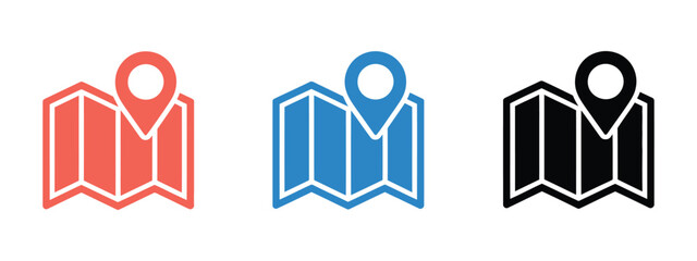 Map icon vector set featuring location pins for GPS navigation and geographic mapping in modern flat style. © ARIF AHMED 01