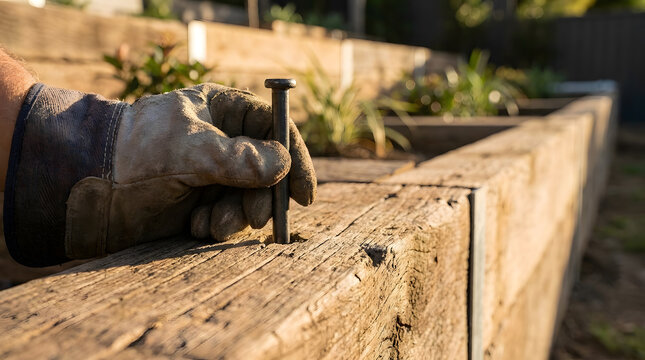 Gloved hand installing metal pin in timber | Building a wooden sleeper retaining wall | Garden DIY landscaping project construction | Securing timber garden bed with steel spikes