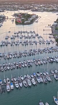 Aerial view of yachts and boats moored at Mooloolaba Marina, Sunshine Coast Queensland