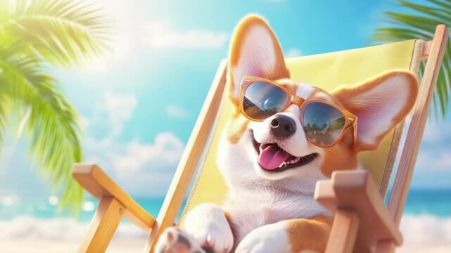 Smiling corgi dog wearing sunglasses in a beach chair on a sunny day, enjoying a relaxing summer vacation by the sea, tropical outdoor leisure art.