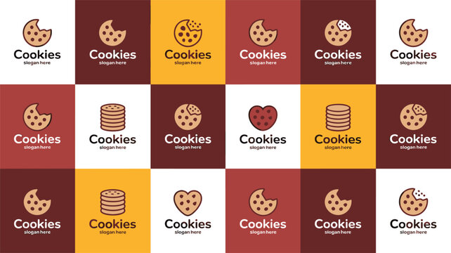 Cute Cookies Bakery Logo Design Collection in Brown and Yellow Warm Tones Food Branding Vector Template Set