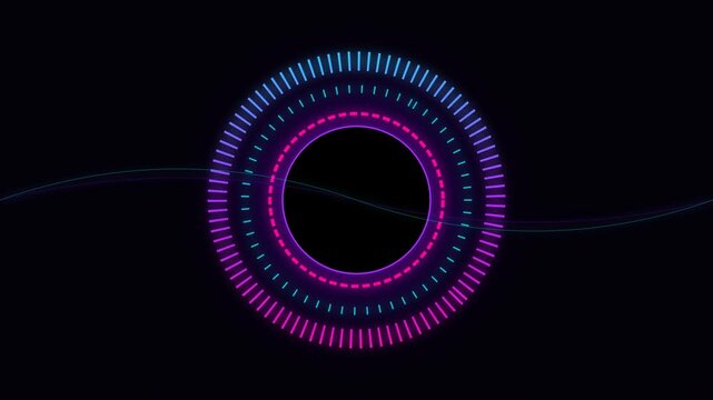 Abstract circular neon light ring with digital sound wave pattern futuristic technology background for music or data visualization