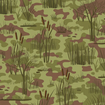 Wetland reeds camouflage vector pattern with grasses branches and muddy shapes print ready 300 dpi for hunting gear