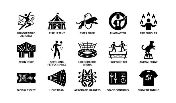 Circus and performance icons showing acrobats animals and stage