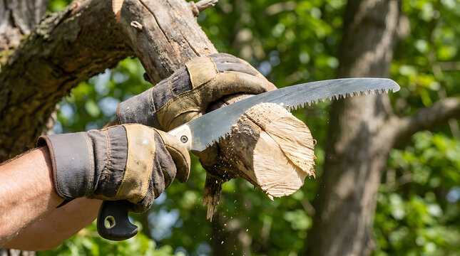 gardener pruning tree branches with hand saw | close up of hands in work gloves sawing wood | forestry worker trimming dry tree limbs | manual garden maintenance and tree care