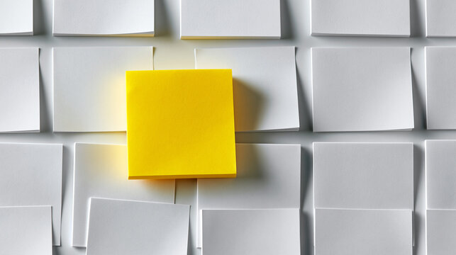 Bright yellow sticky note standing out among blank white notes idea reminder creativity organization and unique concept with copy space