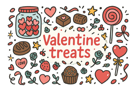 Valentine Treats Doodle. Valentine treats. Hand-drawn doodle illustration of Valentine treats. Candy jar,