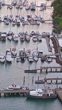Aerial view of yachts and boats moored at Mooloolaba Marina, Sunshine Coast Queensland