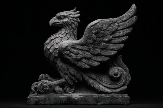 Stone Gryphon Statue: A detailed stone gryphon statue stands prominently against a dark backdrop, exuding an air of ancient mystique and power. 