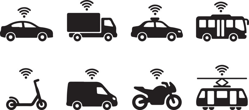 Connected vehicle fleet icons cars trucks buses scooters helicopters