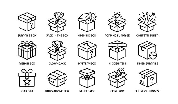 Box and gift surprise icons arranged in labeled grid layout