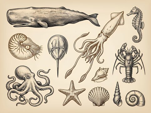 Detailed vintage engravings showcase a collection of marine life including a sperm whale octopus squid starfish lobster nautilus horseshoe crab and various shells ideal for educational or decorative u