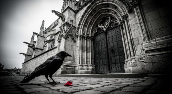 Gothic Architecture Crow Entrance Red Flower Stone Pavement Dramatic Atmosphere.