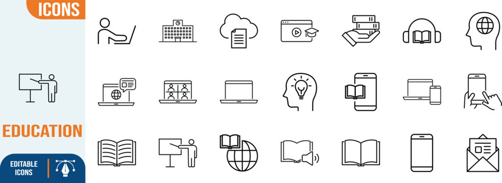 Online education learning knowledge vector icons. laptop icon set, book icon set, smartphone icon set