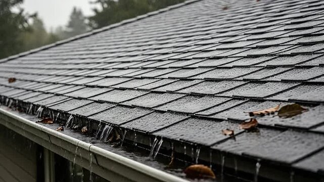 Rainwater flows from a roof into a gutter during a heavy rainstorm in the daytime