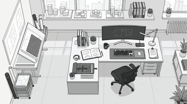 Architect or designer workspace with drafting table, computer monitor, and architectural models
