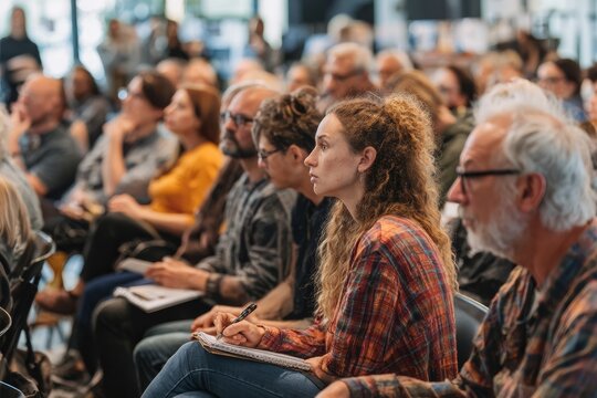 public meeting in town hall or private event. diverse group of people sitting in chairs at an interactive workshop, listening and taking notes while one person is speaking to the audience.