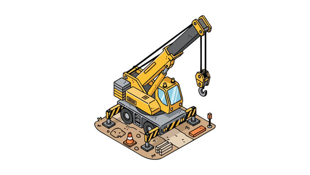 Heavy duty construction machine lifting mechanism in isometric perspective with safety cones and outriggers extended for stability on a work site for industrial projects and heavy material