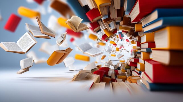 Fragment of Floating Books Inside a Colorful Tunnel Made of Pages