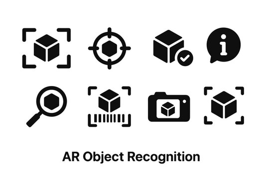 AR Object Icons. AR Object Recognition. Filled icon set of AR Object Recognition: bounding box frame, scan