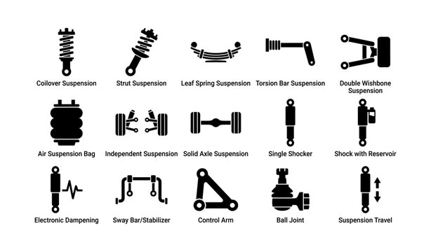Vehicle suspension icons of parts arranged in grid on white