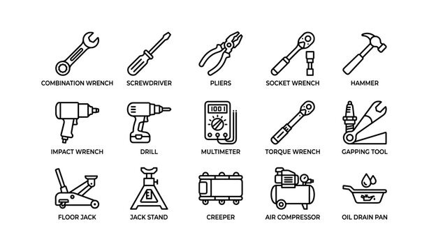 Hand and garage tools arranged in labeled grid on white background