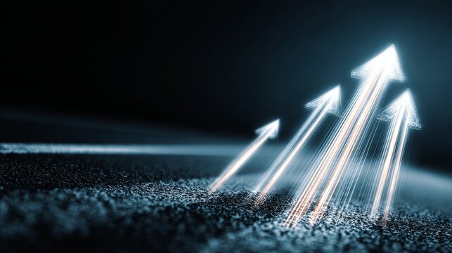 Glowing light arrows moving upward in dark space, representing exponential growth, technological progress, innovation, and future digital trends.