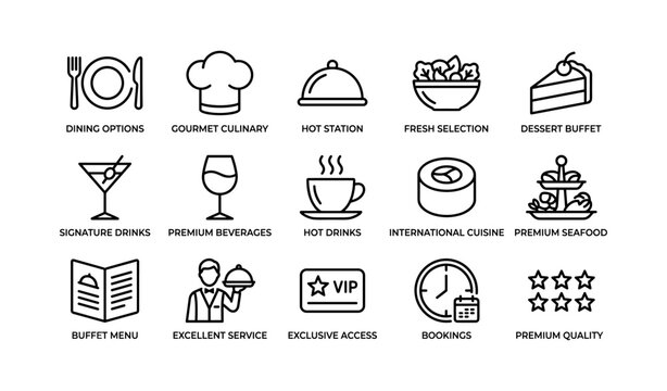 Food and dining service icons showing buffet and beverage options