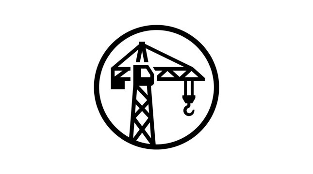 Black crane icon within a circle on white background