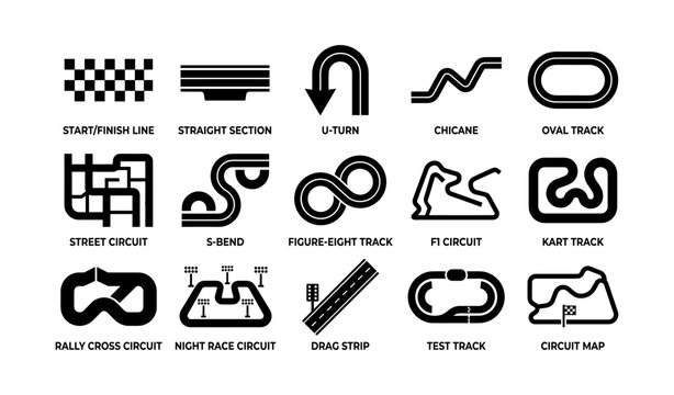 Race circuit icons arranged in grid on white background