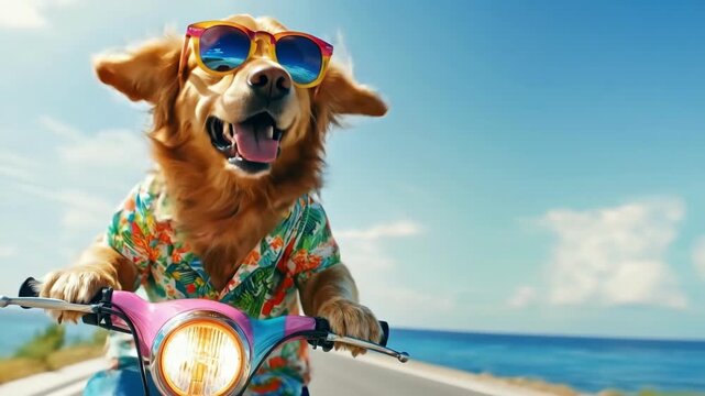 Happy golden retriever dog wearing sunglasses and hawaiian shirt driving moped on tropical road near ocean. Summer vacation concept.