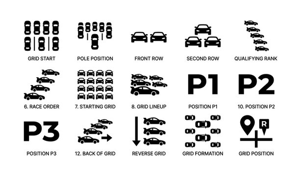 Collection of racing grid and position icons on white background