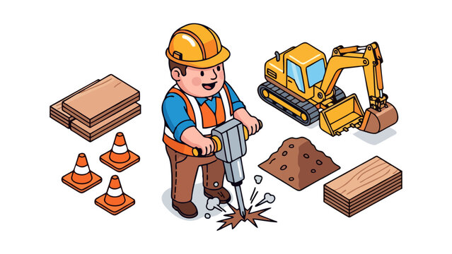 Construction worker operating a jackhammer machine surrounded by building materials like lumber and bricks alongside traffic cones and a small excavator representing industry development and