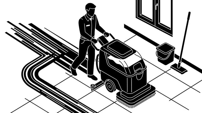 Man operating floor scrubber machine in minimalist line art style