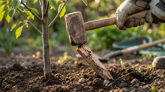Gloved hand driving wooden stake with mallet | Planting young sapling tree in garden soil | Arboriculture and tree support techniques | Professional landscaping and gardening work