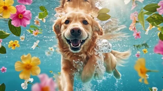 A happy golden retriever dog swims underwater with flowers floating around it, a concept for pet care, holiday background or summer fun.