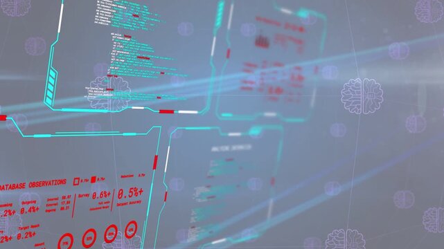 Turquoise panel appearing left, starting blue beams sweeping right, red stats pulsing for analysis
