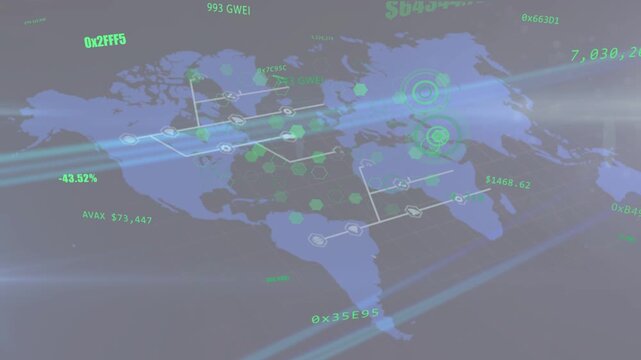 Highlighted node activating, global map animating pulsing nodes and drawing lines showing data flow