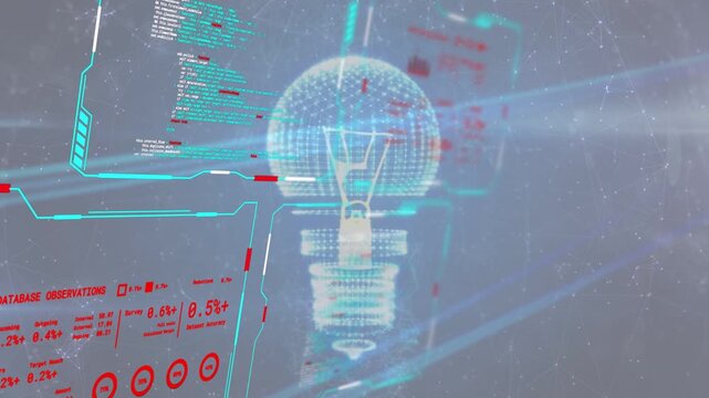 Holographic interface initializing, revealing bulb while HUD sliding, filling data, showing metrics