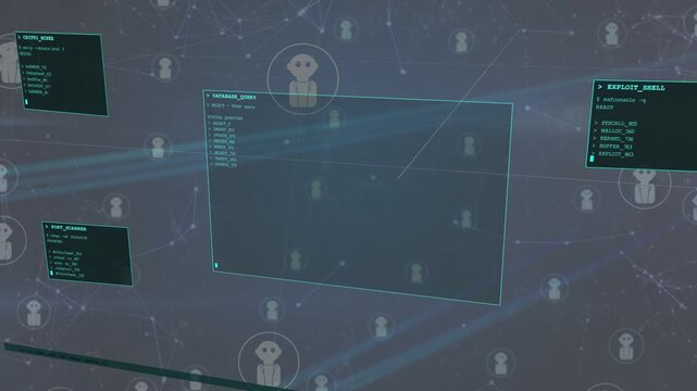 Center terminal appearing, panels sliding and filling, node links glowing, showing query exploit