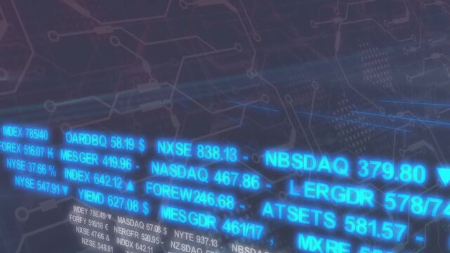 Glowing market ticker appearing on feed, scrolling, showing market data, fading over circuit HUD