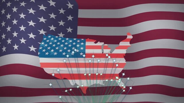 US map silhouette appearing as flag rippling, sparkles rising and circling, highlighting unity