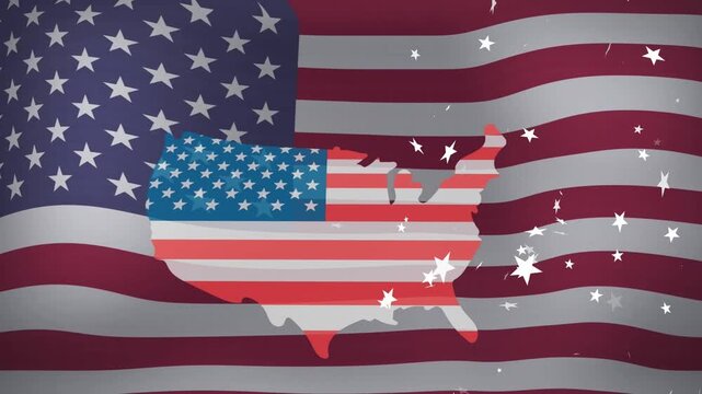 On mask reveal US map appearing over waving flag, stars drifting, rotating and showing patriotism