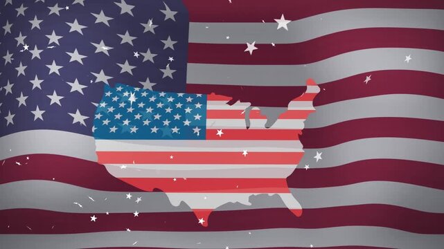 On start, US map flag-filled fading, tilting and sliding, sparkles drifting to form centerpiece