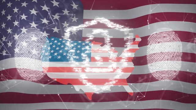 Light sweeping across waving US flag causing map, shield pulsing prints syncing showing US security
