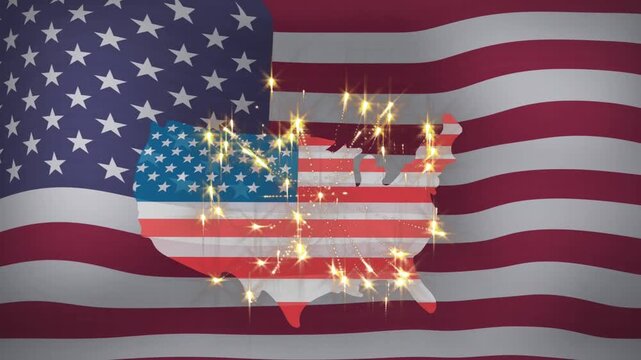 Bright spark appearing center, US shape fading in, golden sparks spreading, revealing flag pattern