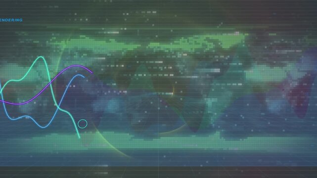 Stylized world map HUD showing trends, data blinking lines drawing right, marker tracking spike