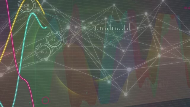 Data pulse driving node mesh, gauges updating, pink or yellow or cyan traces oscillating, showing gr