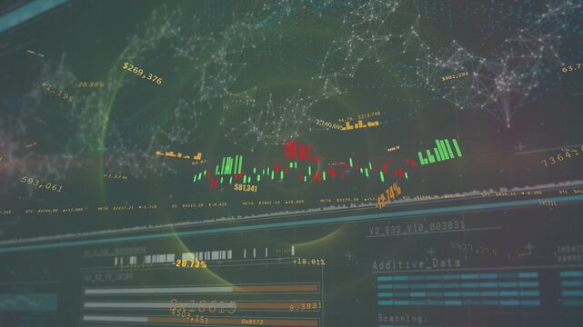 Network map lighting, candles forming with green bars rising and histograms showing market data