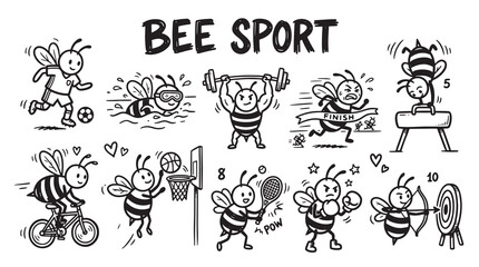 Naklejka premium Bee sport doodle set featuring funny honeybees playing soccer basketball weightlifting cycling and boxing on white background.